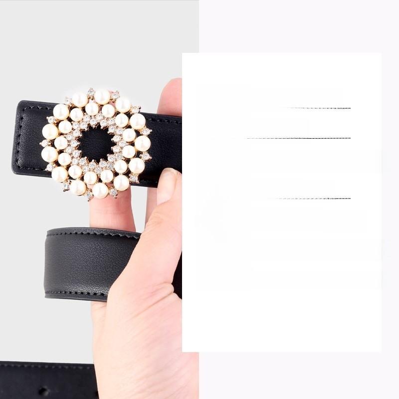 Womens Pearl Embellished Leather Belt With Alloy Buckle For Casual Dress And Jeans Accessories