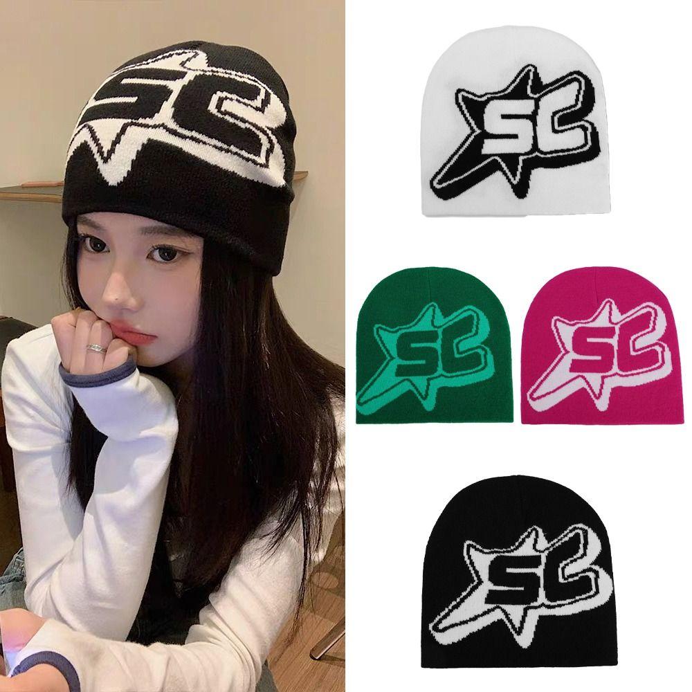 Y2K Knitted Letter Beanies Star Ins Skullies Cool Pullover Hats  Outdoor