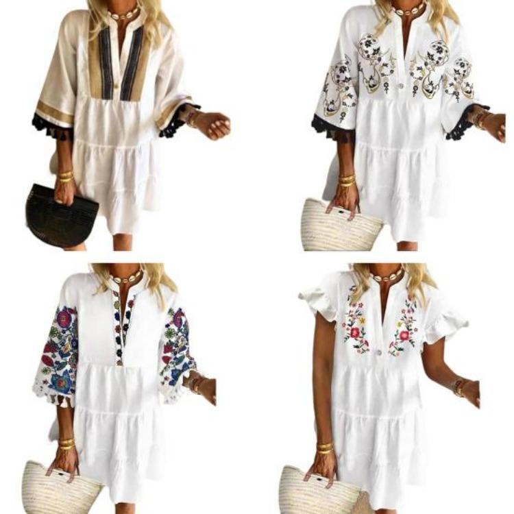 Vintage Print Party Dress Exquisite Pattern Womens Beach Clothing Polyester Dress Up Attractive