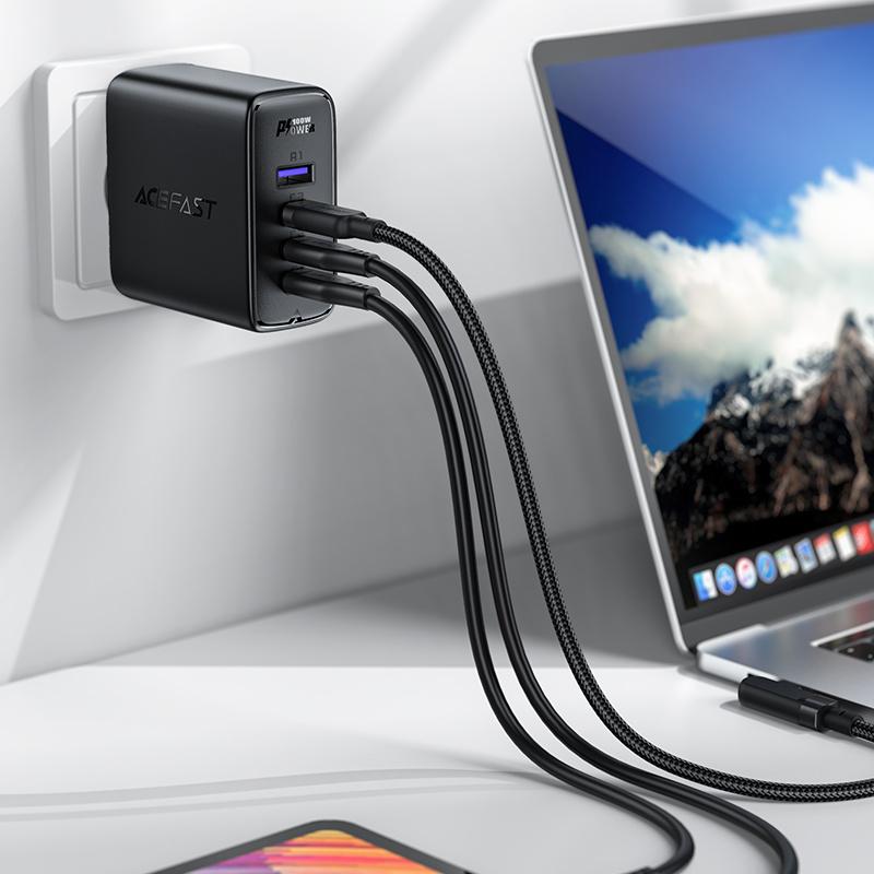 Acefast GaN Network Charger 100W Black, 3xUSB-C/1xUSB-A, Incl. 2m 100W Angled USB-C Cable