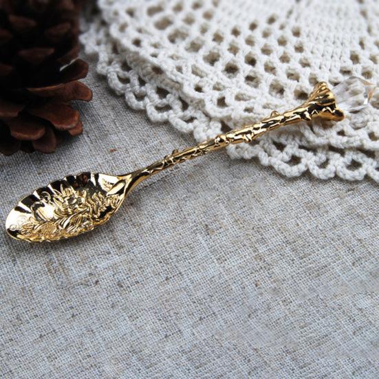 Vintage Flower Carving Tea Coffee Dessert Spoon Long Crystal Handle Dinnerware
