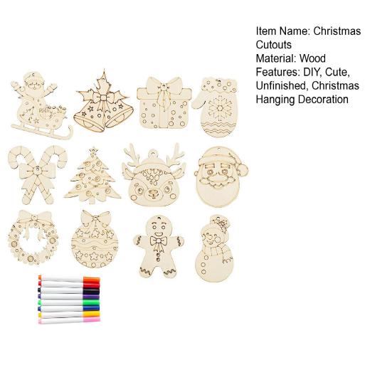 Yousheng 12 Pcs Wooden Christmas Ornaments To Paint DIY Blank Unfinished Wood Reindeer Santa Claus Christmas Tree Bell Wreath Cutouts for Winter