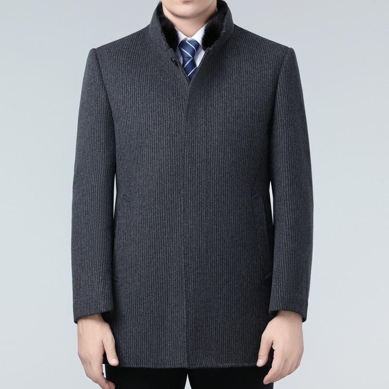 High-end Cashmere Coat for Men, Medium-length Double-sided Woolen Mink Stand-up Collar, Down Bile Business Middle-aged Dad Winter Coat