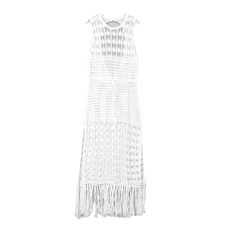 Летнее женское полое вязаное сексуальное платье с кисточками, пляжное бикини, прикрытие, праздничный купальник, длинное платье