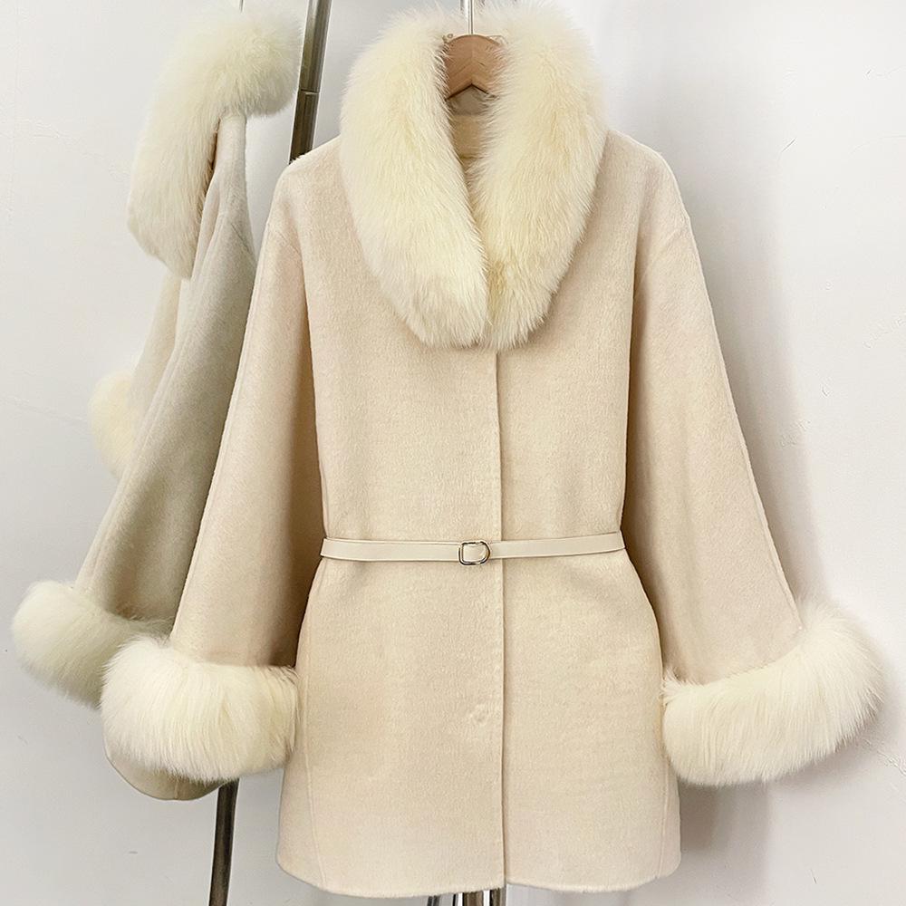 High-End Double-Sided Wool Coat with Real Fox Fur Collar - Women's Korean Style Cape Shawl