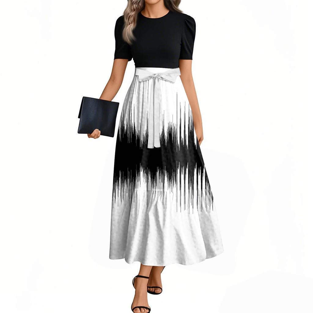 Женские модные повседневные платья с поясом, короткими рукавами и круглым вырезом, с принтом, элегантные, темпераментные