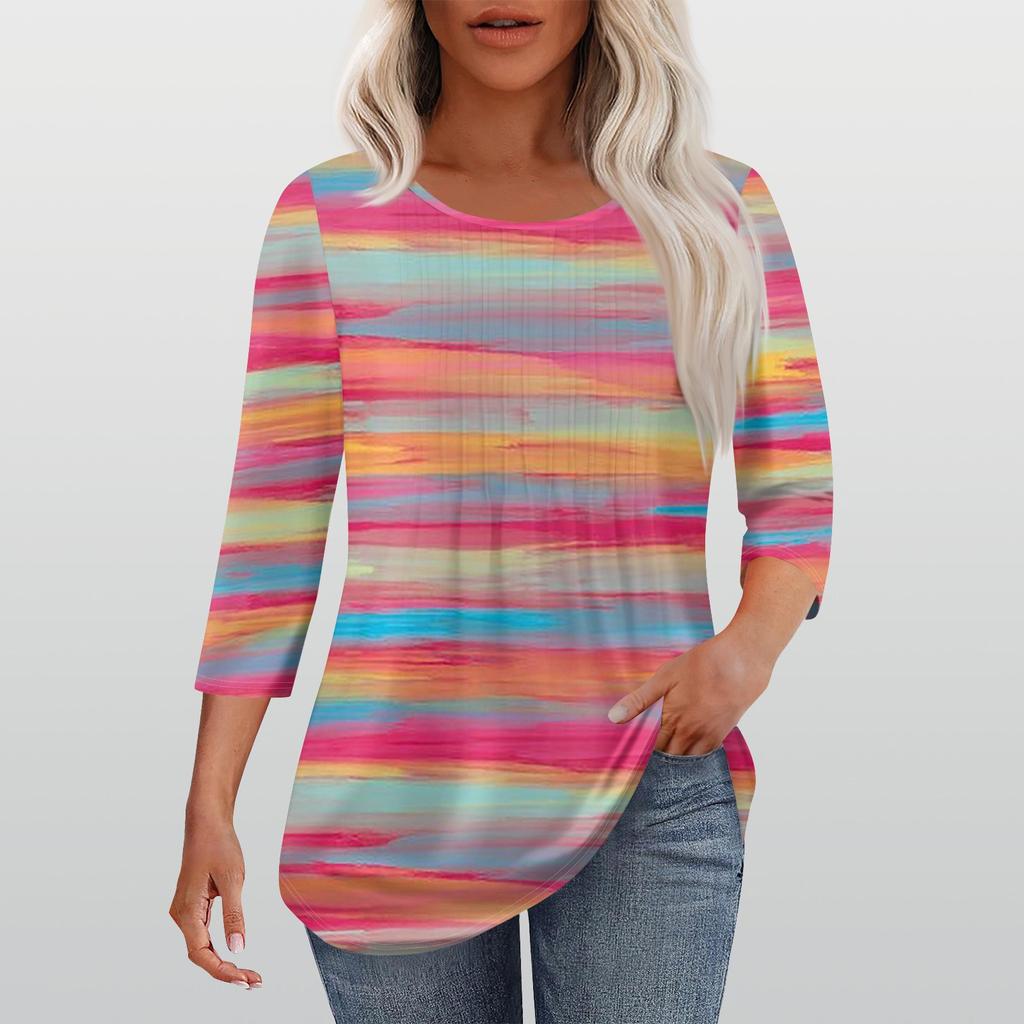 Рубашки с рукавом 3/4 для женщин, модные, повседневные, с круглым вырезом, с принтом, футболка, топ