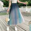 Qooth Женская тюлевая юбка трапециевидной формы с радужным градиентом, элегантная юбка трапециевидной формы из блестящей сетки с высокой талией на весну и лето QT2128