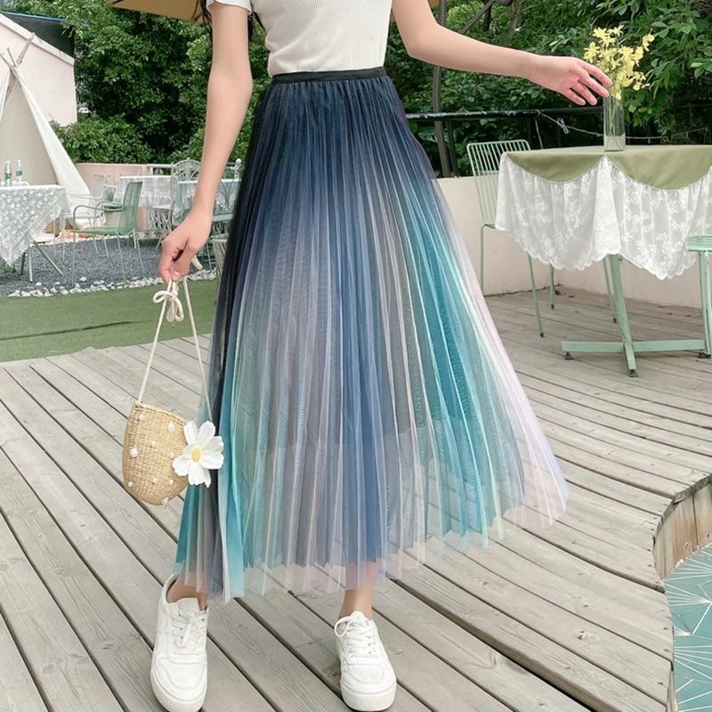 Qooth Женская тюлевая юбка трапециевидной формы с радужным градиентом, элегантная юбка трапециевидной формы из блестящей сетки с высокой талией на весну и лето QT2128