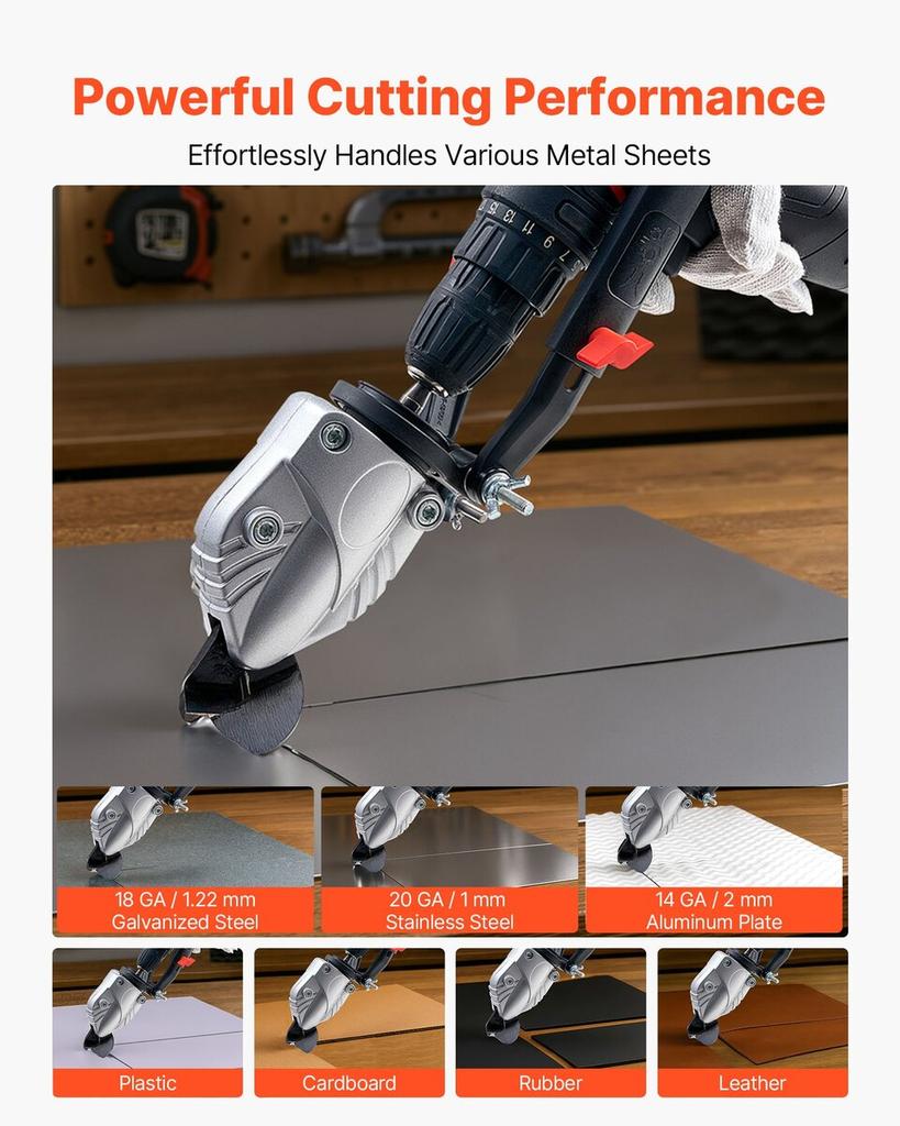Metal Shear/Cutter Drill Attachment, Sheet Metal Cutter with 360-Degree Pivoting Head, Sharp Blades,Ideal for 1.22 mm Galvanized Steel, 1 mm Stainless