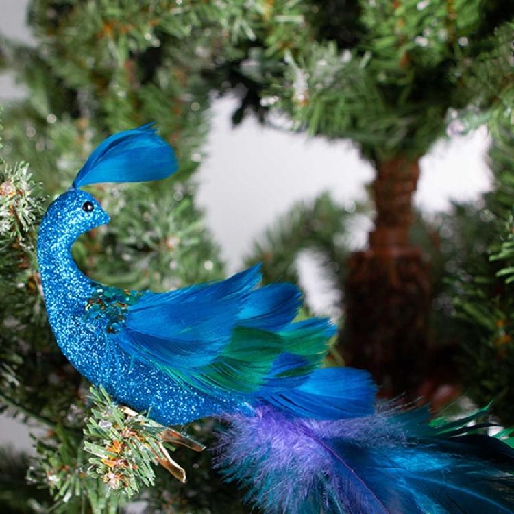 2Pcs Artificial Natural Feathered Peacocks with Long Tail Designs Christmas Tree Clip on Ornaments for Home Party Decor