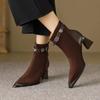 Мода 2025 Ручная работа Бренд Натуральная кожа Новые женские ботильоны Острый носок Однотонные Туфли на среднем каблуке Элегантные ботинки