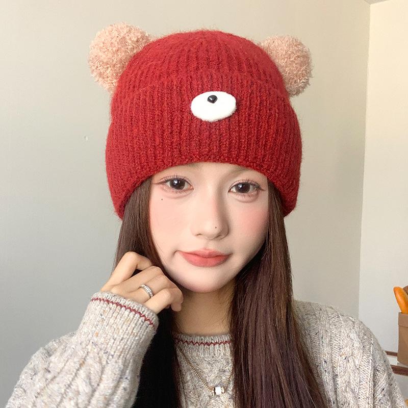 Cute Cartoon Bear Wool Knitted Hat for Female Students, Seasonal Cold Hat, Big Head Circumference, Warm Ear Protector