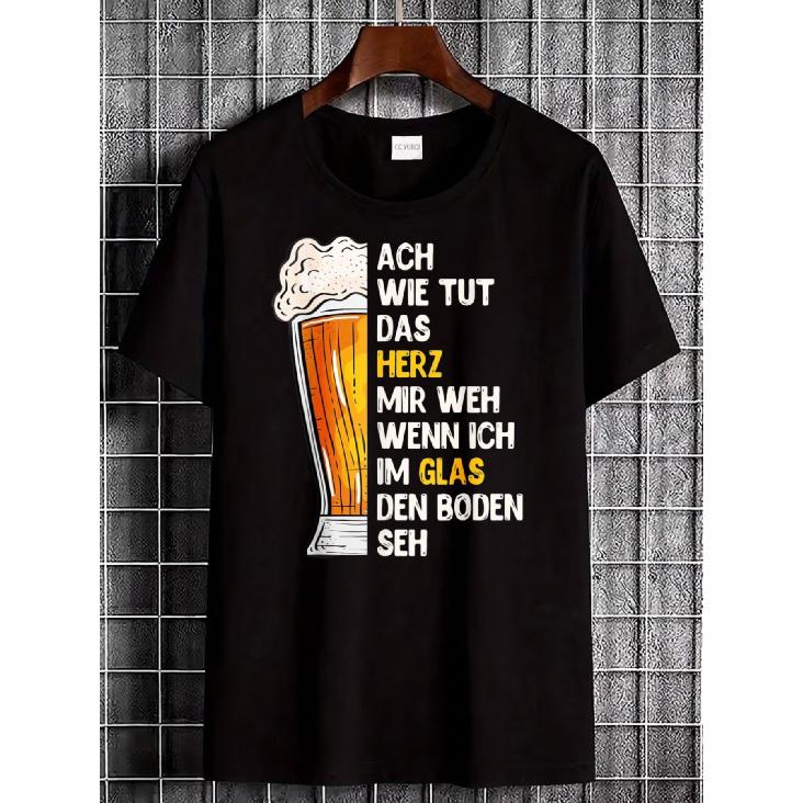 men's black short sleeve crew neck t-shirt with german beer quote graphic print, soft cotton feel, relaxed fit for casual daily wear or party