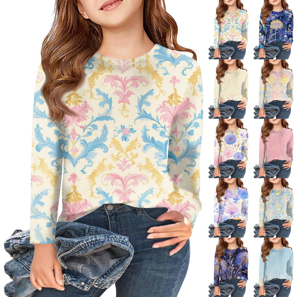 Футболки с длинным рукавом для девочек, детские осенние топы, с круглым вырезом, с принтом, базовые футболки