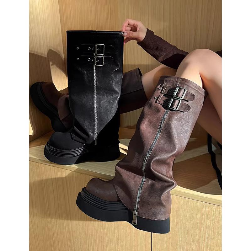 Женские ботфорты 2025 года на массивном каблуке - Большой обхват голенища, Ретро толстая подошва, Гофрированное голенище, Сапоги до колена.