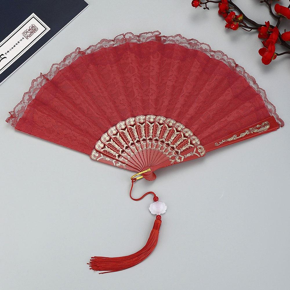 Floral Pattern Folding Fan Tassel Lace Fan Fashion Handheld Fan Photo Props