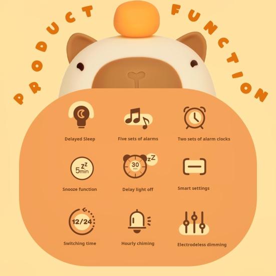 Capybara Alarm Clock with Night Light Dimmable Snooze Function Rechargeable Silicone