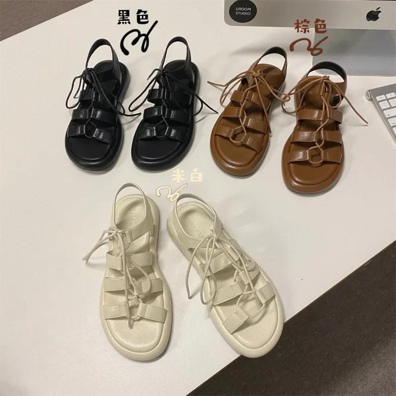 Summer Women's Flat Sandals Band Straps Solid Ankle Lace Shoes Women Dress Retro Rome Classic Summer Leisure Sandalias De Mujer