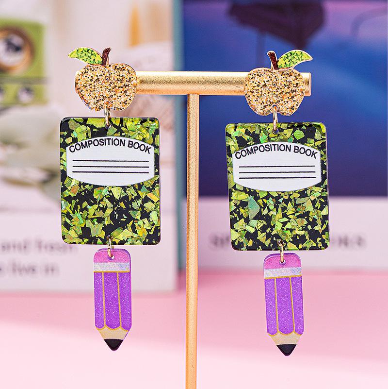 Стильные акриловые серьги-подвески - дизайн Яблоко, Книга, Ручка для шикарного европейского и американского образа