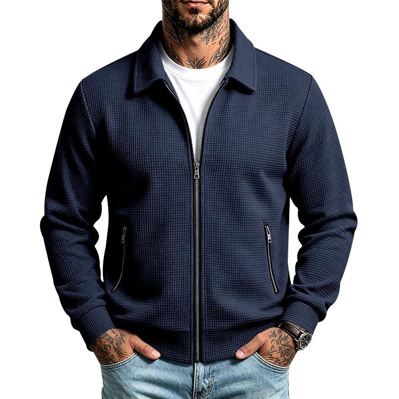 Men S Loose Fit Lapel Zip Pocket Waffle Knit Jacket