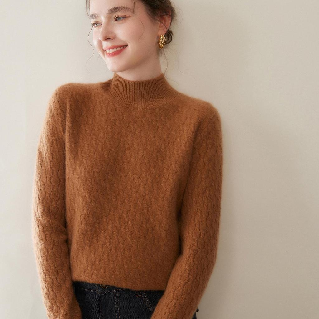 Women's Cable Knit Cashmere Sweater – Loose, Simple, Thickened, Half-High Neck for Autumn/Winter