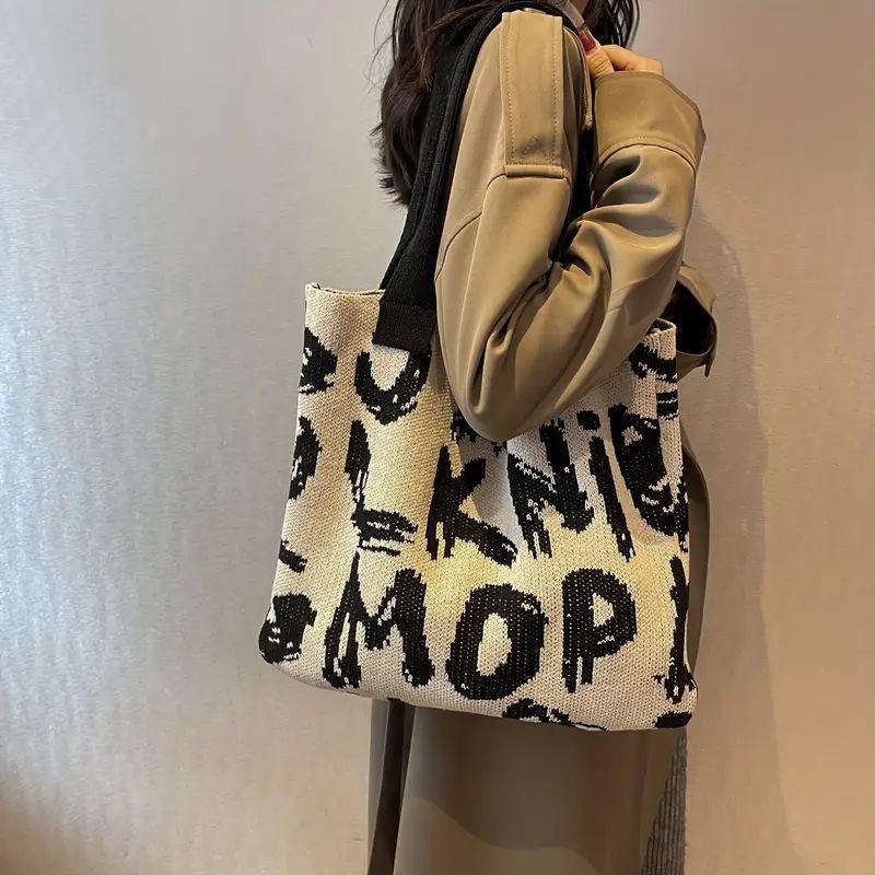 Сумка через плечо с буквенным принтом, большая вместительная сумка контрастного цвета из хлопчатобумажной ткани, летняя модная вязаная сумка ручной работы