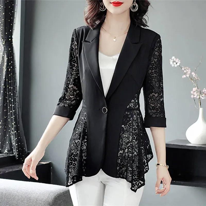 Blazer Suit for Women Slim Fit Long Sleeve Button Cardigan Solid Color Lace Suit Jacket