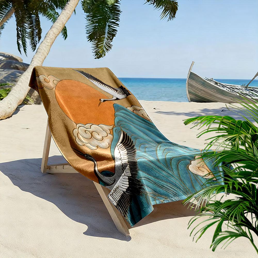 Cranes and Sun with Mountain Design Patterned beach towel quick dry perfect for travel outdoor sports jogging the beach and swimming