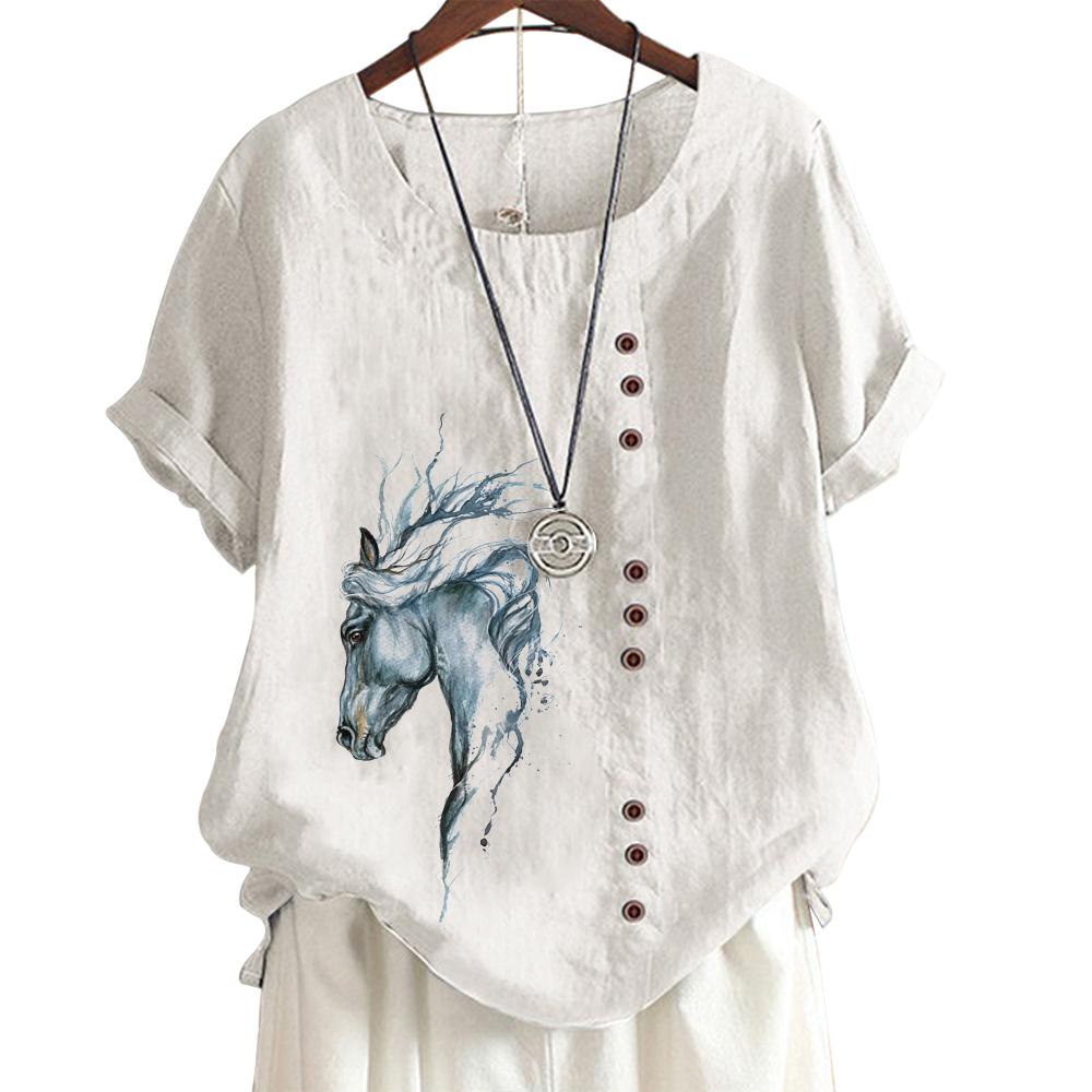 Womens Floral Print Cotton Casual Top with 6 Patterns, Round Neck, Short Sleeves, Button Embellishments