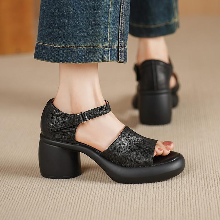 7 см ретро кожаные босоножки с открытым носком на высоком каблуке женские летние новые на толстом каблуке на толстой подошве кожаные с ремешком-пряжкой в римском стиле~