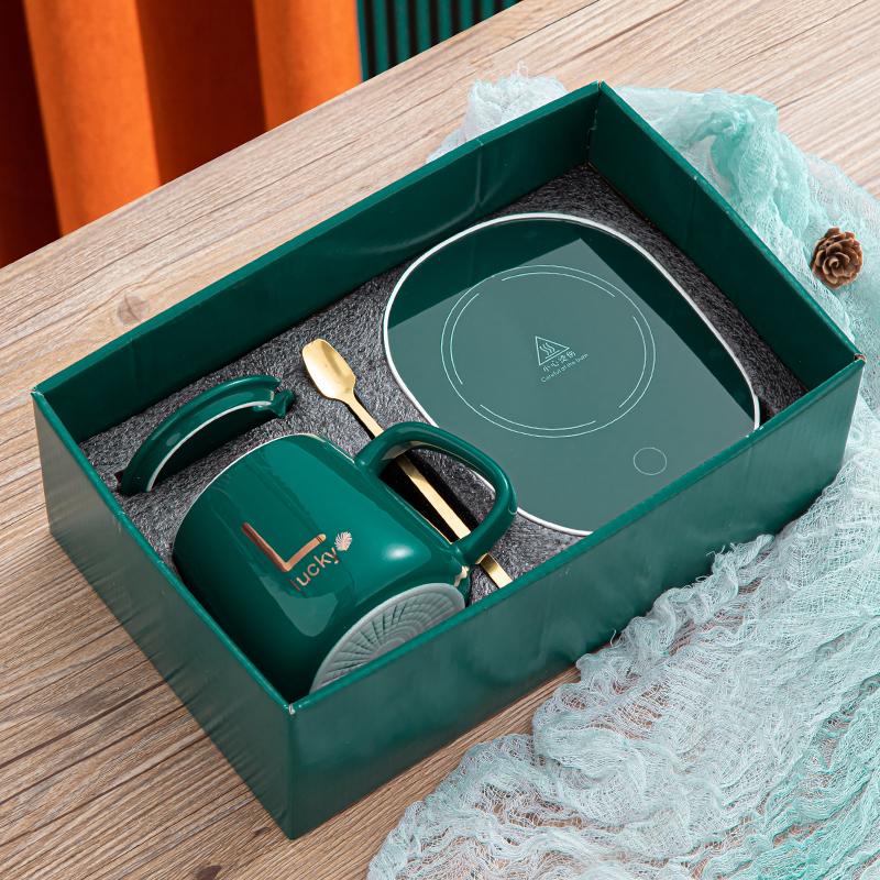 1 Набор 55℃ Термокерамическая кружка Портативная USB-перезаряжаемая подогреваемая кружка С ложкой из нержавеющей стали Подарочный набор Для путешествий Офиса Подарок