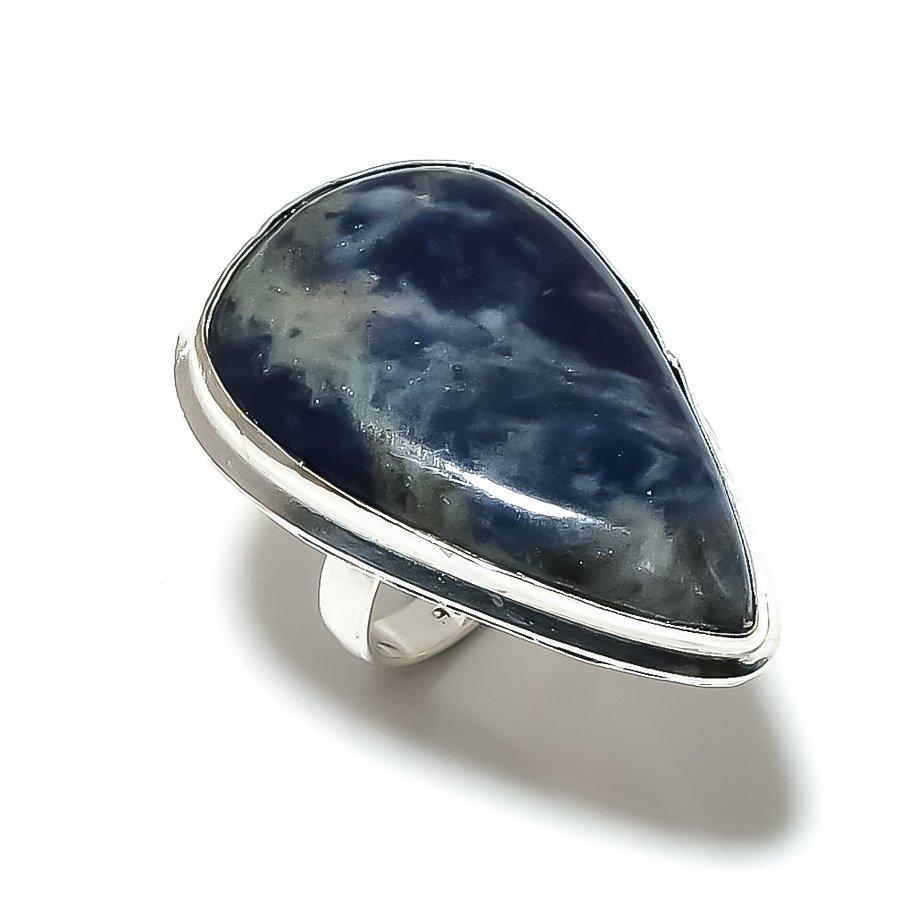 Подарочное кольцо ручной работы из стерлингового серебра 925 пробы с натуральным драгоценным камнем содалитом, размер 7 a5E45