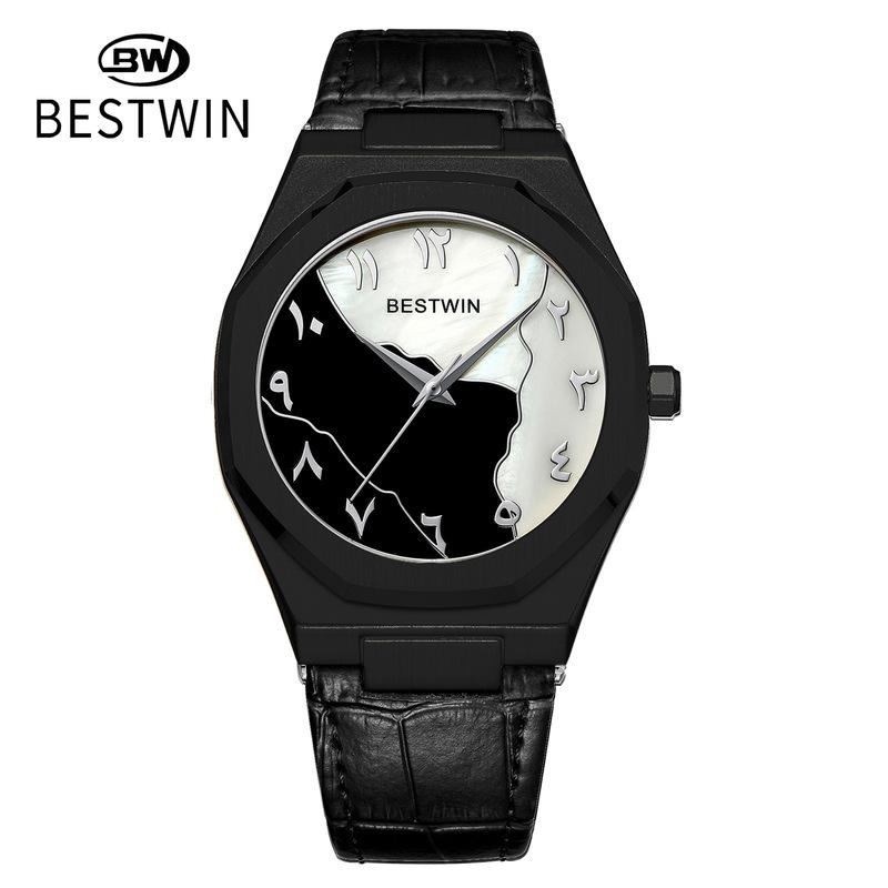 Fashon Bestwin Top Brand Men's Quartz Arabic numerals Leather Suitable For Daily Wear Festival Simple Business Waterproof Watch