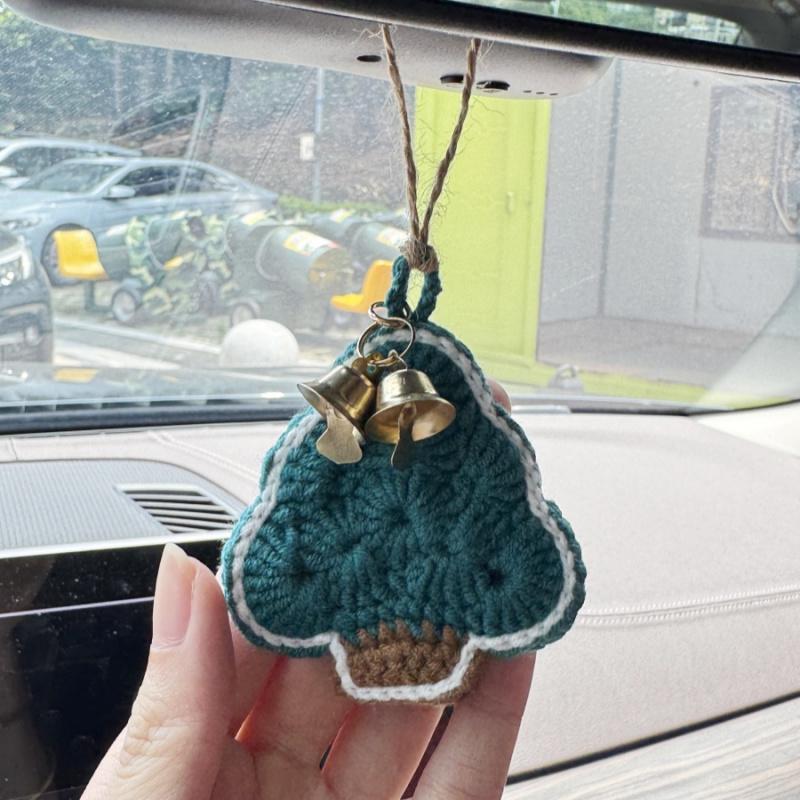 1pcChristmas Tree Car Rearview Mirror Pendant Handwoven Car Interior Decoration Holiday Party Bell Bag Pendant Gift