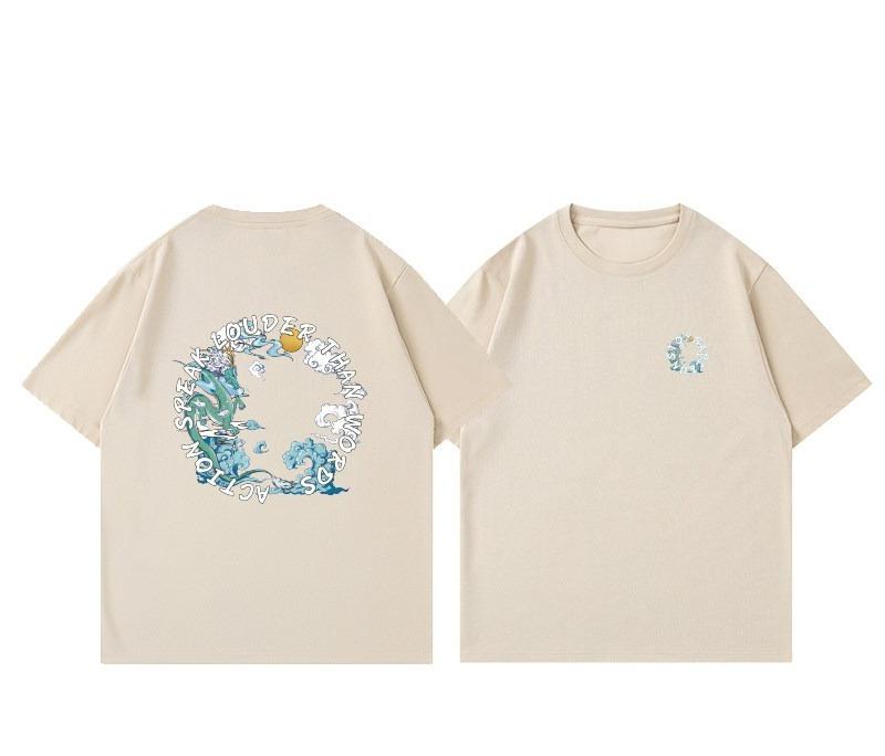 Dragon Sea Wave Dual Side Printed Tshirt Circular Font Logo Oversized Loose Cotton Unisex Retro Casual Short Sleeve Top