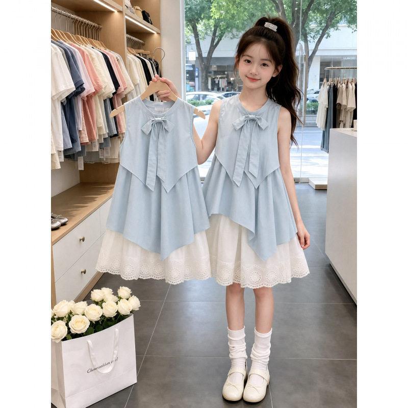 Girls Summer French Sweet Bow Tank Dress Middle Big Kids Princess Fairy Sundress
