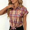 Женская Клетчатая Лацканы Закатанные Короткие Рукава Нагрудный Карман Завязка Спереди Нижняя Пуговица Повседневная Винтажная Блузка Рубашка