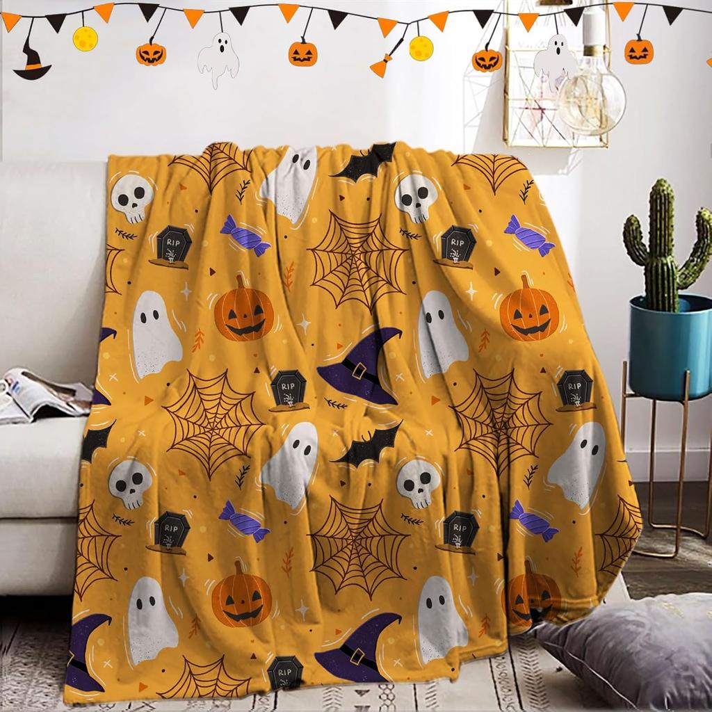 Halloween Pumpkin Bat Witch Hat Flannel Throw Blanket, Spooky Ghost Spider Web Print Soft Warm Blanket for Sofa Bed Holiday Home Decor Gift
