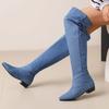Модные женские сапоги выше колена, синие джинсы, зимняя обувь, плиссированные длинные сапоги на низком каблуке, женская обувь для вечеринок, большой размер 45 48