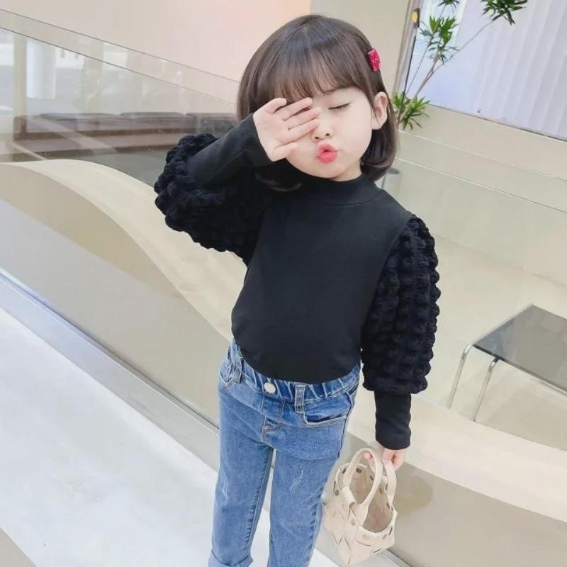 Girls' Thickened Puff Sleeve Long-Sleeve T-Shirt, Half-High Collar, Spring/Autumn 2024, Baby & Toddler Top