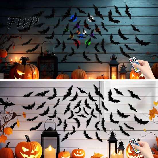 Halloween Party Wall Decorations 48Pcs Bats Decor, LED Light Up Bats, 12 Lights with Remote, Adhesive 3D Bat Stickers 6 Sizes for Indoor Window