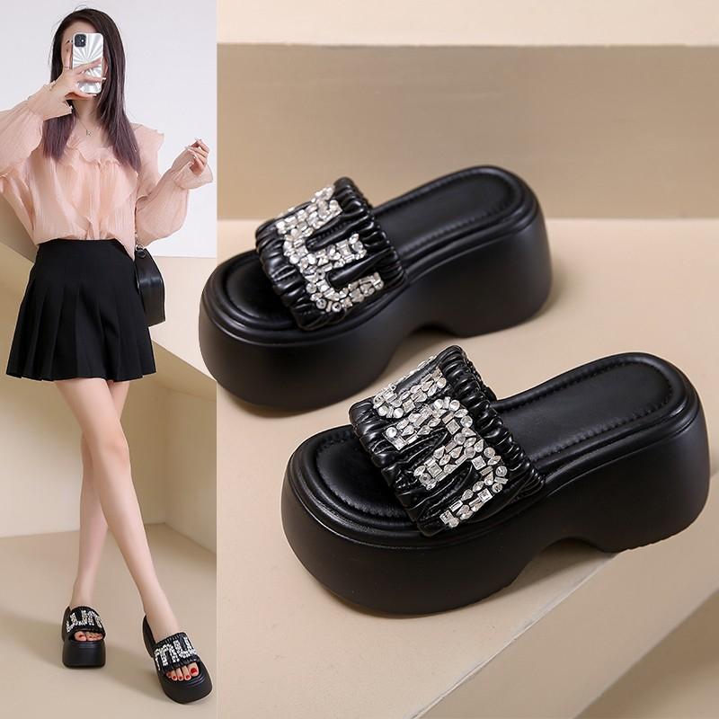 Fashion 2024 Summer New Fashion Open Toe Thick Sole Leather Women's Slippers Casual Brand Design Beach Party Dress Women's High Heels