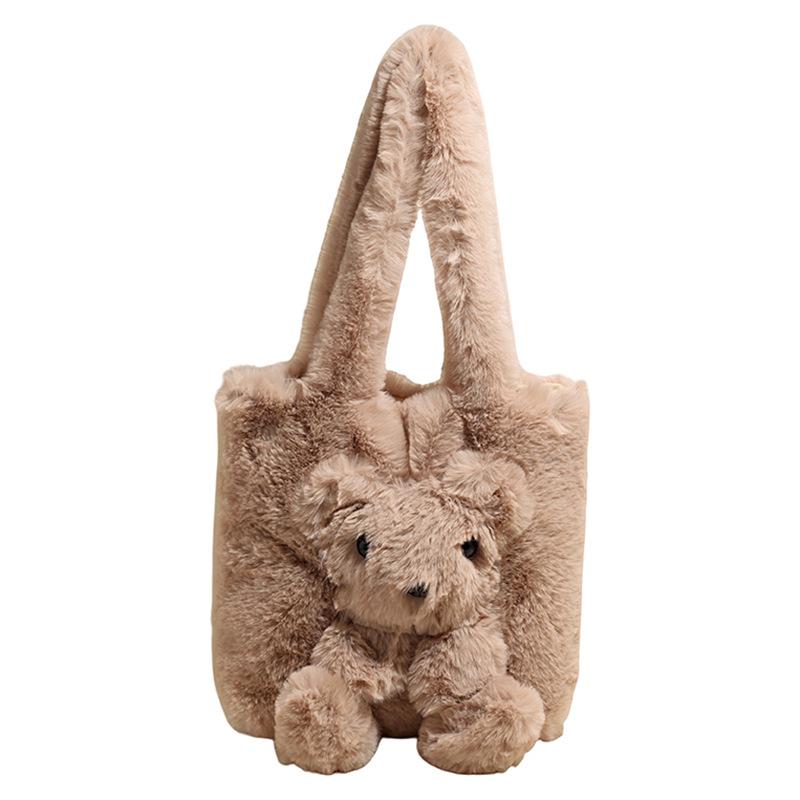 Autumn New Plush Handbag Cute Bear Women's Shoulder Bag High Value Fashionable Plush Simple Bag