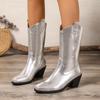 Cowboy Solid Gold Silver Western Boots Women's Mid Calf Winter Boots 6cm Med Heels Shoes