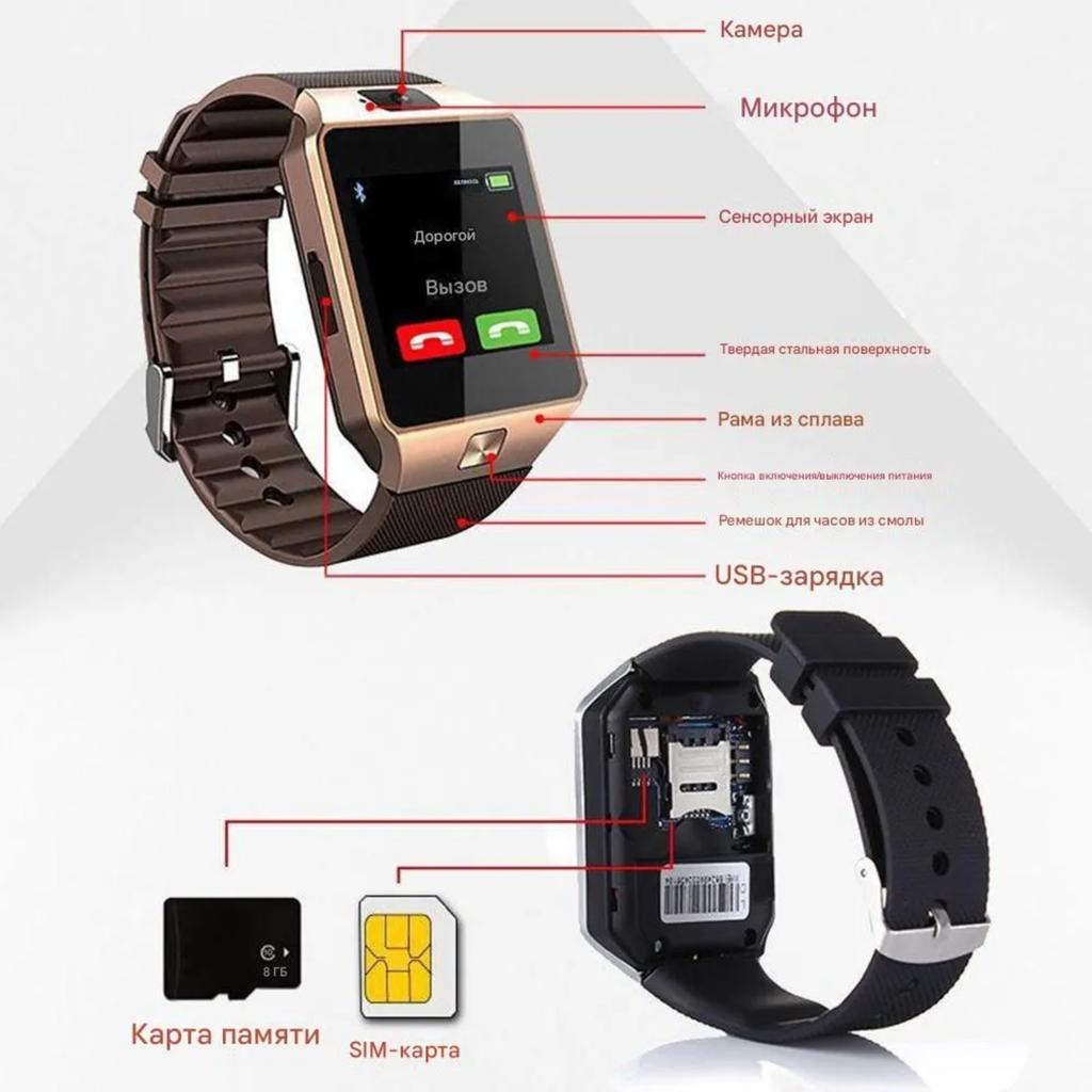 DZ09 Smartwatch with SIM card support for phone calls intelligent reminders Bluetooth and location tracking. Available in black with an English