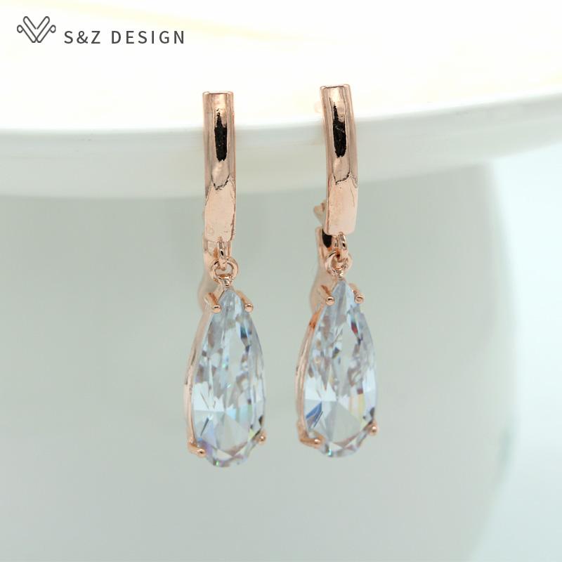 Fashion Long Rose Gold Color Water Drop Cubic Zirconia Dangle Earrings For Women Luxury Wedding Party Jewelry Romantic Gift