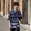 Li Ning Минималистичная универсальная полосатая футболка с заниженной линией плеч и круглым вырезом, хлопковая летняя футболка с коротким рукавом, унисекс, топы темно-синего цвета AHSU655-2