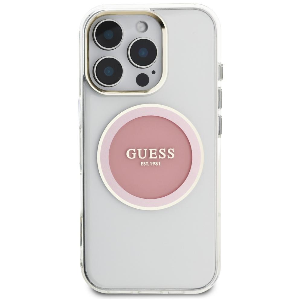 Guess IML Metal Colored Circle Classic Logo MagSafe case for iPhone 16 Pro pink