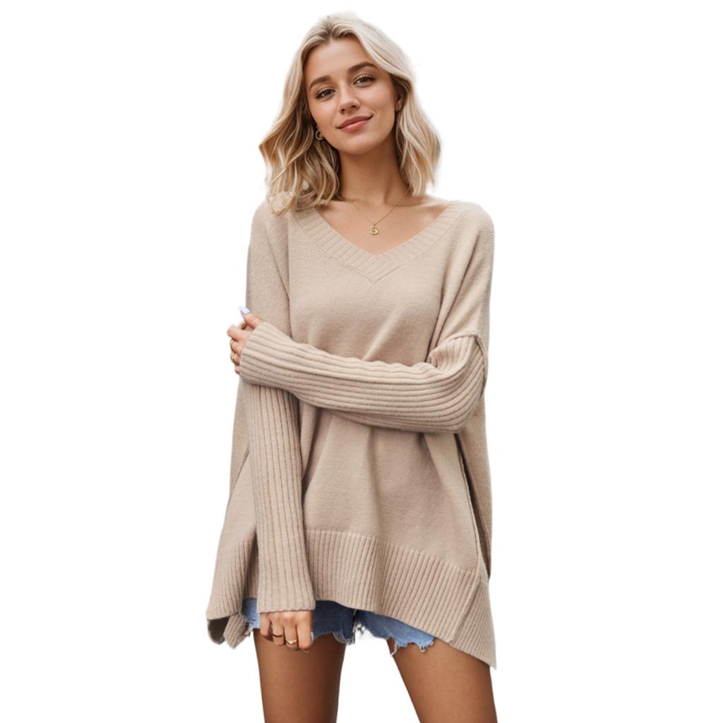 Women V- Neck Pullovers Sweater High Quality Oversized Jumper Split Fall Winter Clothes
